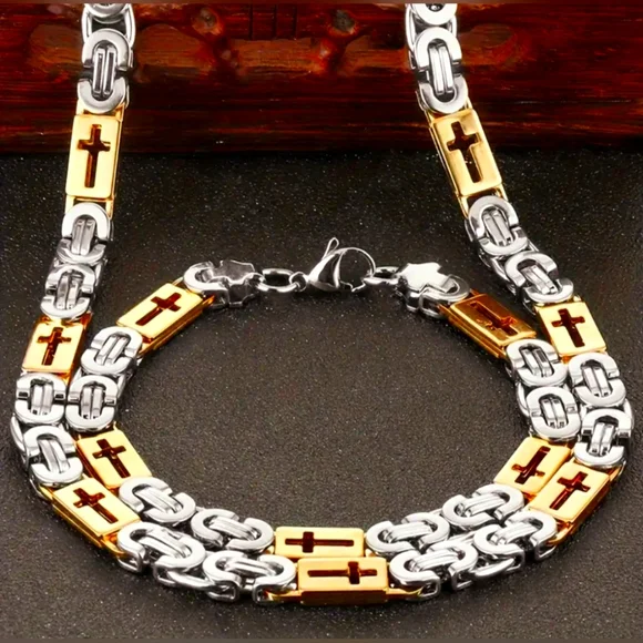 316L Stainless Steel Hollowed Cross Necklace and Bracelet Set, Fashion Golden
